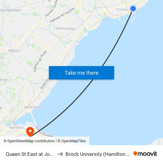 Queen St East at Jones Ave to Brock University (Hamilton Campus) map