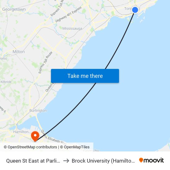 Queen St East at Parliament St to Brock University (Hamilton Campus) map