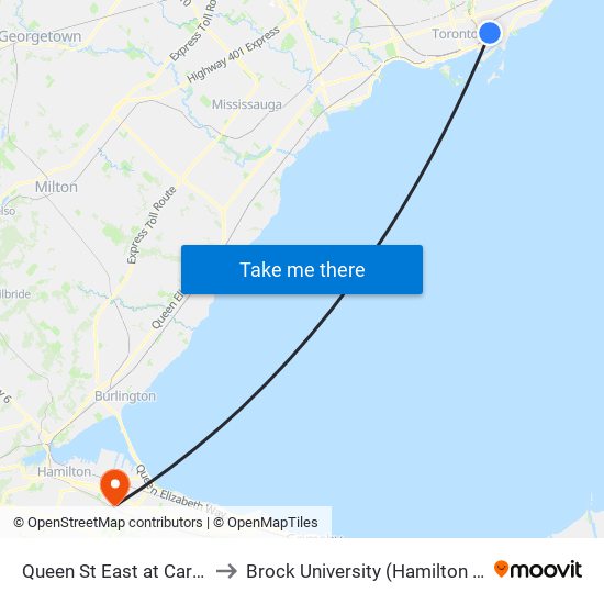 Queen St East at Carlaw Ave to Brock University (Hamilton Campus) map