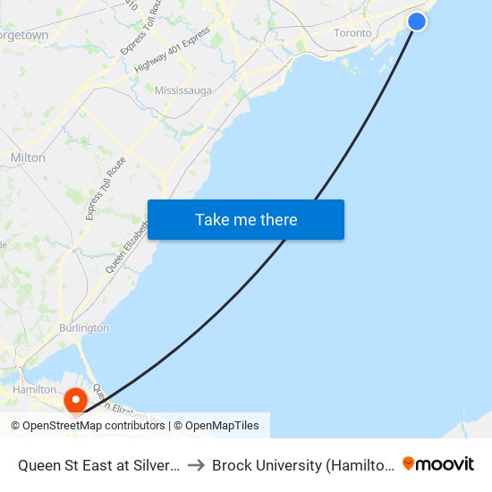 Queen St East at Silver Birch Ave to Brock University (Hamilton Campus) map