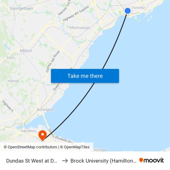 Dundas St West at Dufferin St to Brock University (Hamilton Campus) map