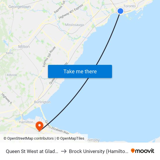 Queen St West at Gladstone Ave to Brock University (Hamilton Campus) map