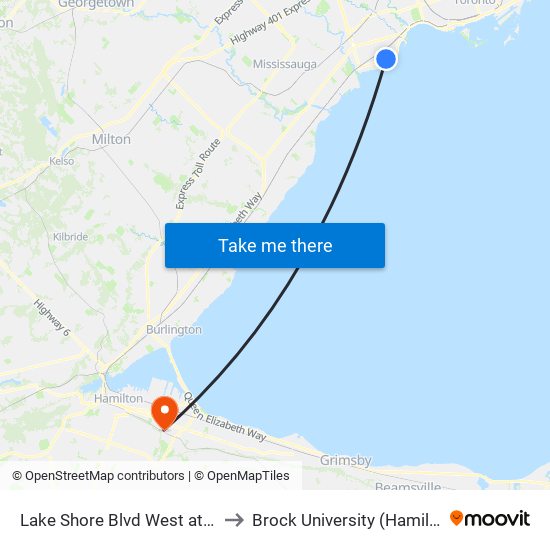 Lake Shore Blvd West at Islington Ave to Brock University (Hamilton Campus) map