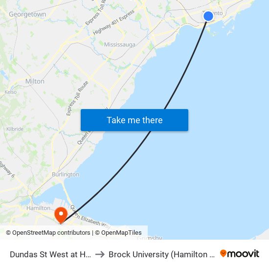 Dundas St West at Huron St to Brock University (Hamilton Campus) map