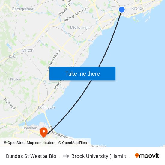 Dundas St West at Bloor St West to Brock University (Hamilton Campus) map