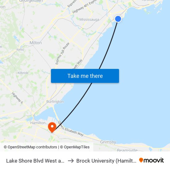 Lake Shore Blvd West at Kipling Ave to Brock University (Hamilton Campus) map