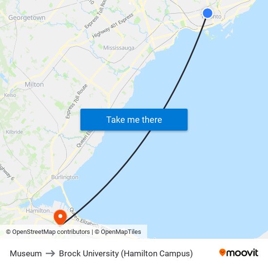 Museum to Brock University (Hamilton Campus) map