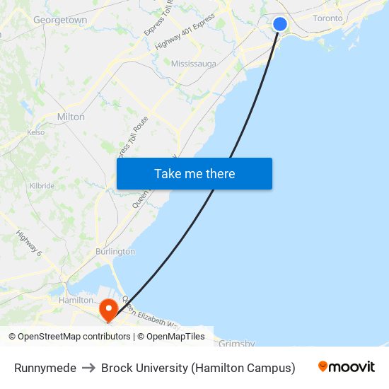 Runnymede to Brock University (Hamilton Campus) map