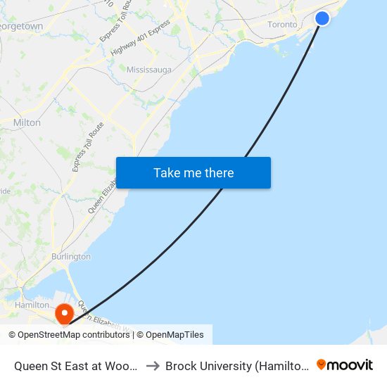 Queen St East at Woodbine Ave to Brock University (Hamilton Campus) map