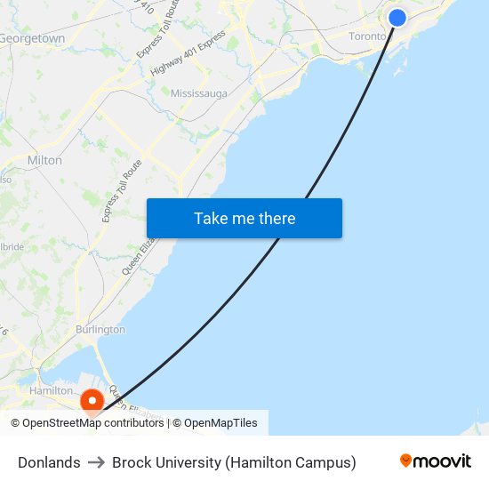 Donlands to Brock University (Hamilton Campus) map