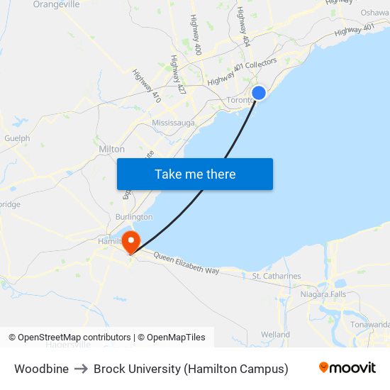 Woodbine to Brock University (Hamilton Campus) map