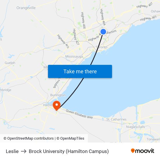 Leslie to Brock University (Hamilton Campus) map