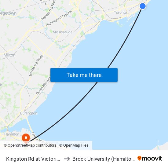 Kingston Rd at Victoria Park Ave to Brock University (Hamilton Campus) map