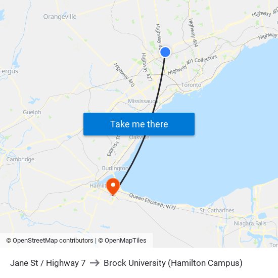 Jane St / Highway 7 to Brock University (Hamilton Campus) map