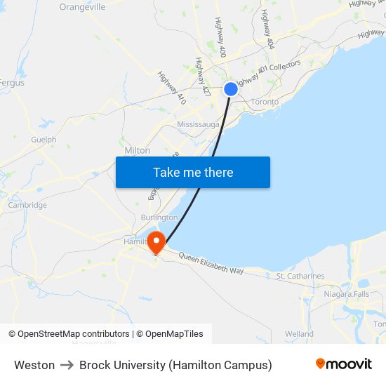Weston to Brock University (Hamilton Campus) map