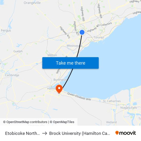 Etobicoke North Go to Brock University (Hamilton Campus) map