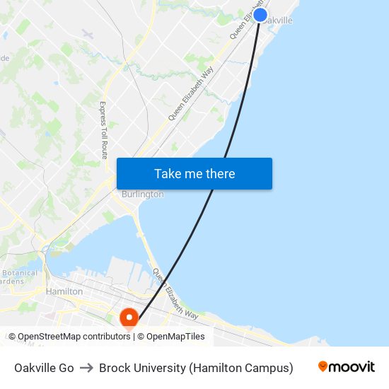 Oakville Go to Brock University (Hamilton Campus) map