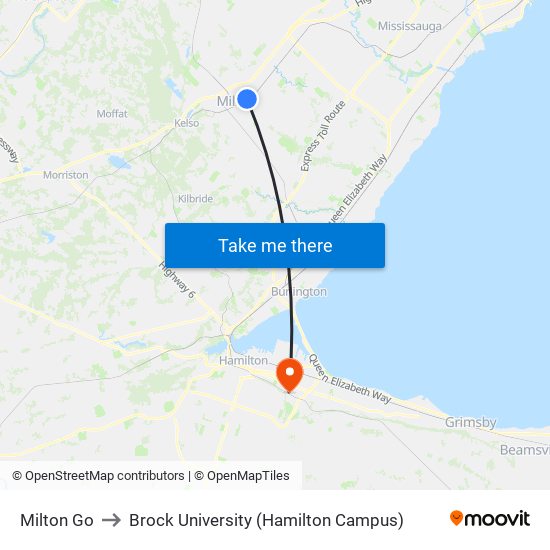 Milton Go to Brock University (Hamilton Campus) map