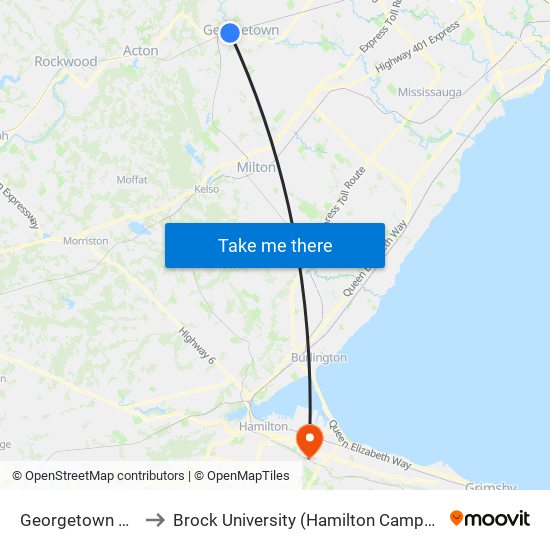 Georgetown Go to Brock University (Hamilton Campus) map
