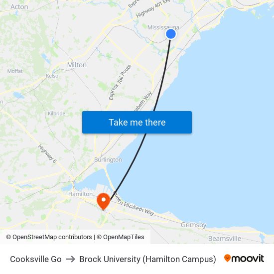 Cooksville Go to Brock University (Hamilton Campus) map