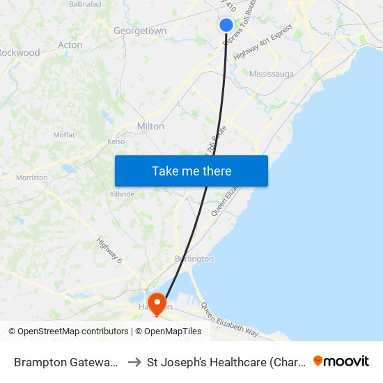 Brampton Gateway Terminal to St Joseph's Healthcare (Charlton Campus) map