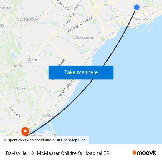 Davisville to McMaster Children's Hospital ER map