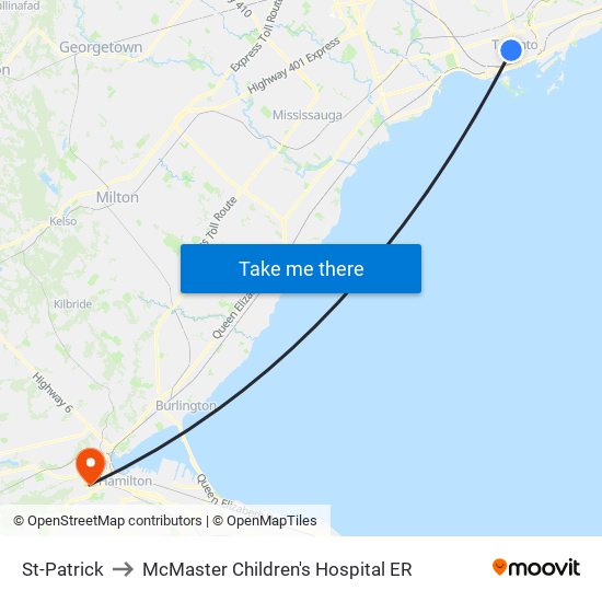 St-Patrick to McMaster Children's Hospital ER map