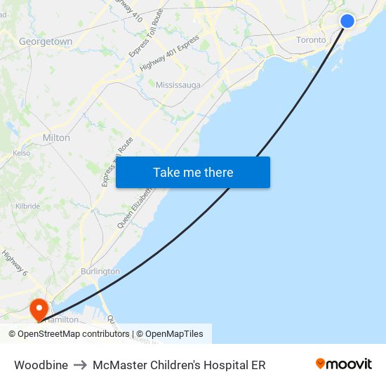 Woodbine to McMaster Children's Hospital ER map