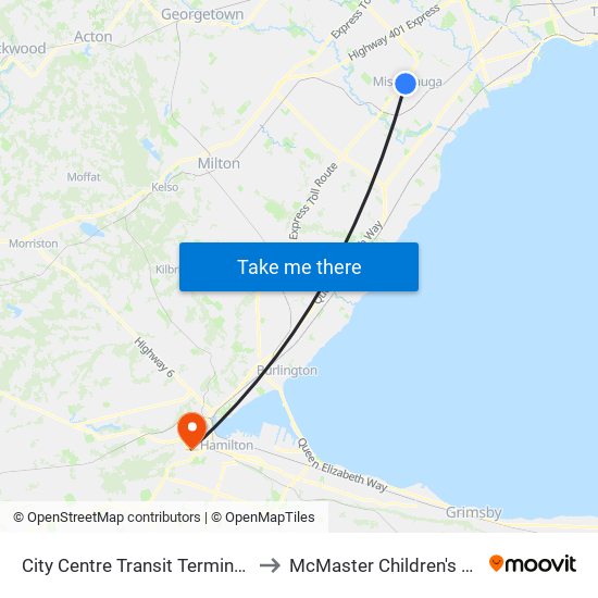 City Centre Transit Terminal Platform K to McMaster Children's Hospital ER map