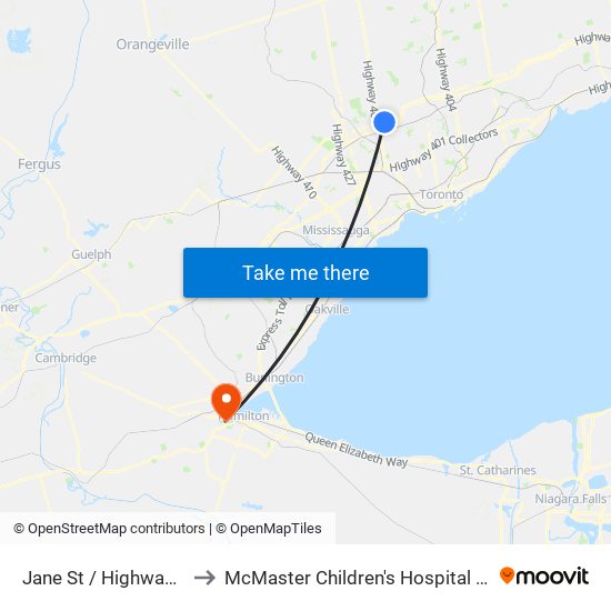 Jane St / Highway 7 to McMaster Children's Hospital ER map