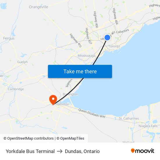 Yorkdale Bus Terminal to Dundas, Ontario map