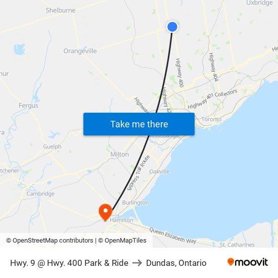 Hwy. 9 @ Hwy. 400 Park & Ride to Dundas, Ontario map