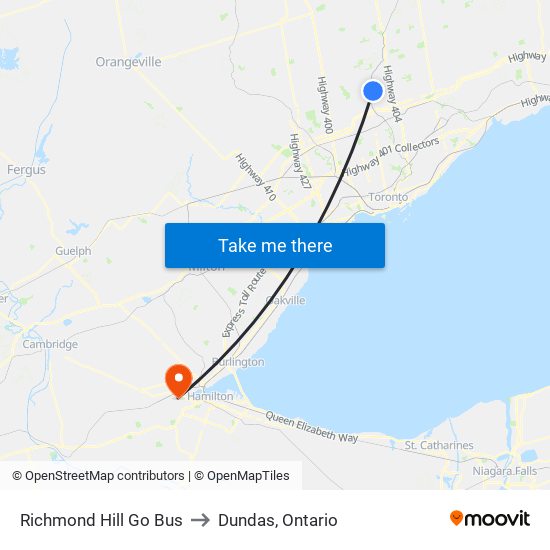 Richmond Hill Go Bus to Dundas, Ontario map