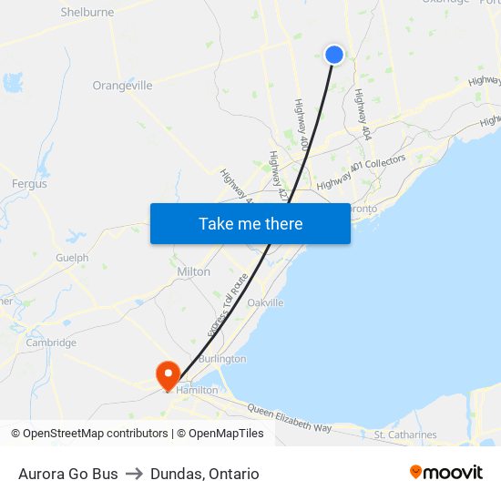 Aurora Go Bus to Dundas, Ontario map