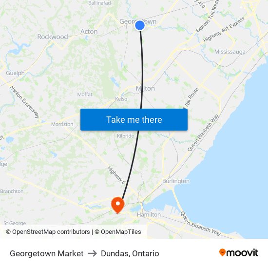 Georgetown Market to Dundas, Ontario map