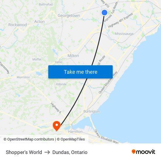Shopper's World to Dundas, Ontario map
