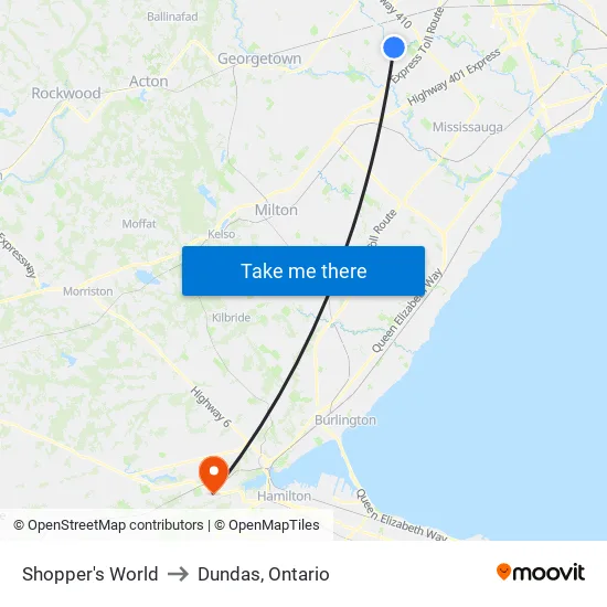 Shopper's World to Dundas, Ontario map