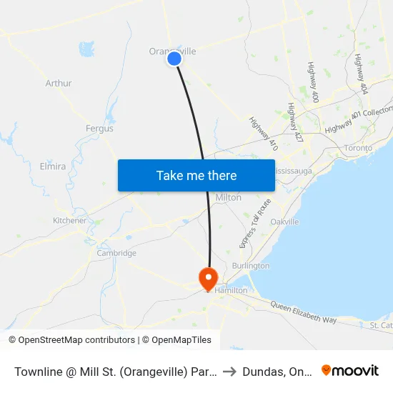 Townline @ Mill St. (Orangeville) Park & Ride to Dundas, Ontario map