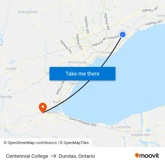 Centennial College to Dundas, Ontario map