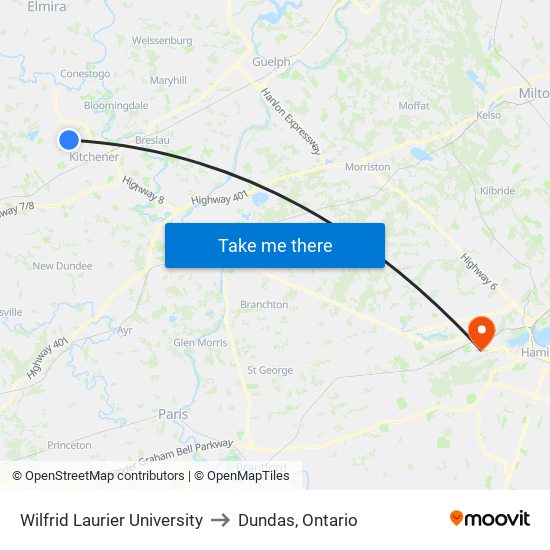 Wilfrid Laurier University to Dundas, Ontario map