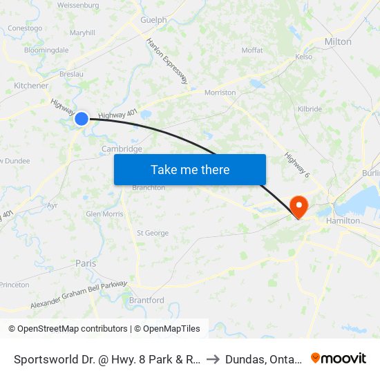 Sportsworld Dr. @ Hwy. 8 Park & Ride to Dundas, Ontario map