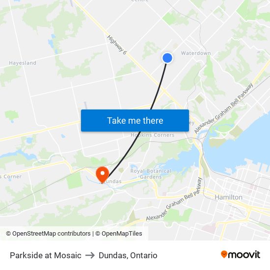 Parkside at Mosaic to Dundas, Ontario map