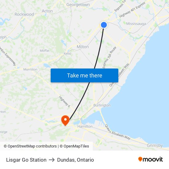 Lisgar Go Station to Dundas, Ontario map