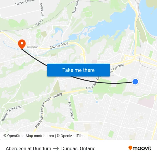 Aberdeen at Dundurn to Dundas, Ontario map