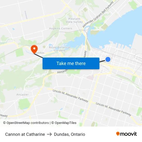 Cannon at Catharine to Dundas, Ontario map