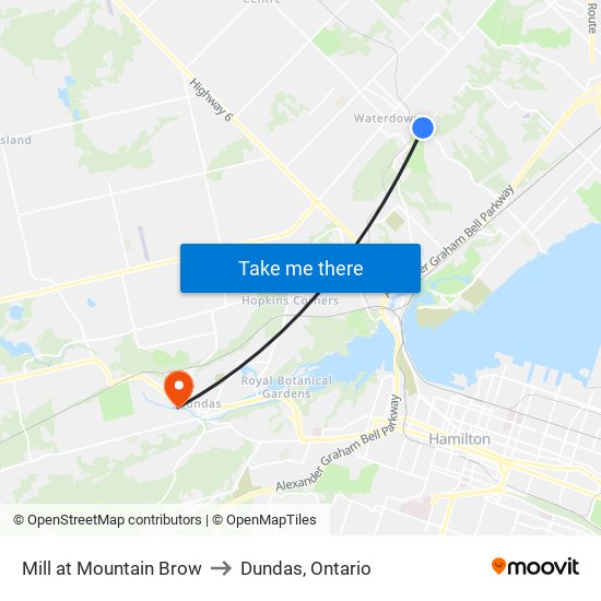 Mill at Mountain Brow to Dundas, Ontario map