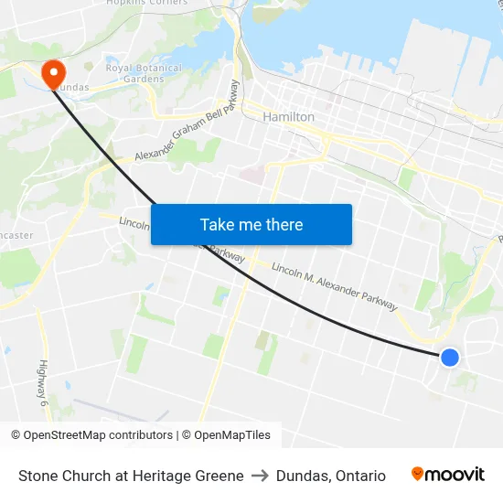 Stone Church at Heritage Greene to Dundas, Ontario map