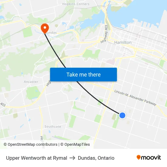 Upper Wentworth at Rymal to Dundas, Ontario map