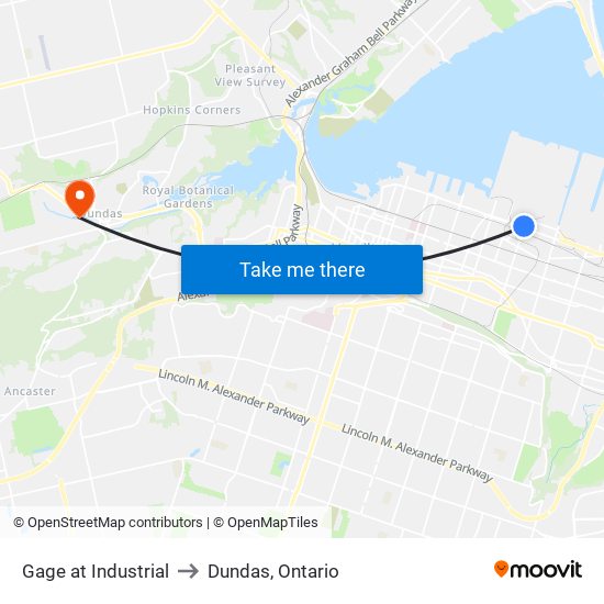 Gage at Industrial to Dundas, Ontario map