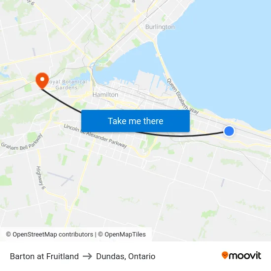 Barton at Fruitland to Dundas, Ontario map